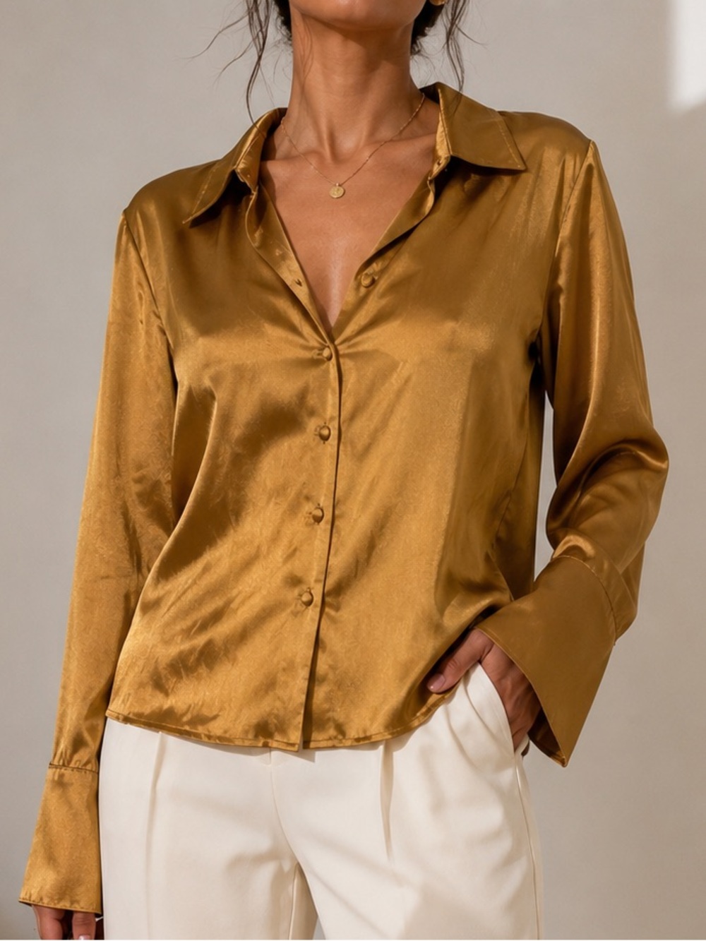 Oviesse Italy Gold Satin 100% Viscose Button Up Blouse Size 42